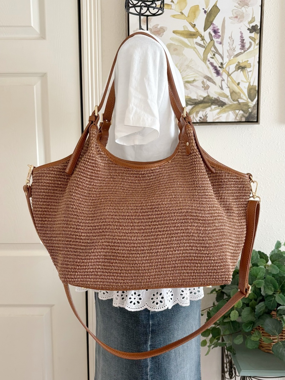 Vera Pelle Woven Tote in Brown with Gold Hardware